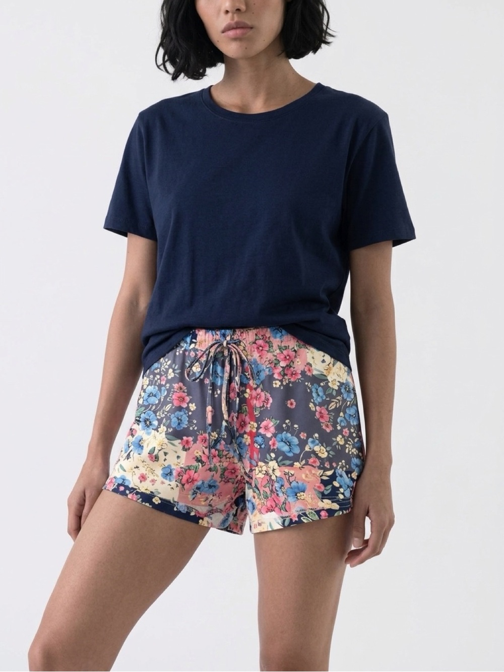 SHEIN Floral Navy Blue Pink Elastic Waist Shorts